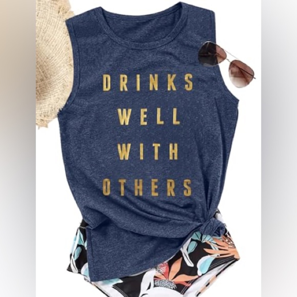 Drinks Well With Others Blue muscle tank w gold lettering Novelty Sz Wmns Med